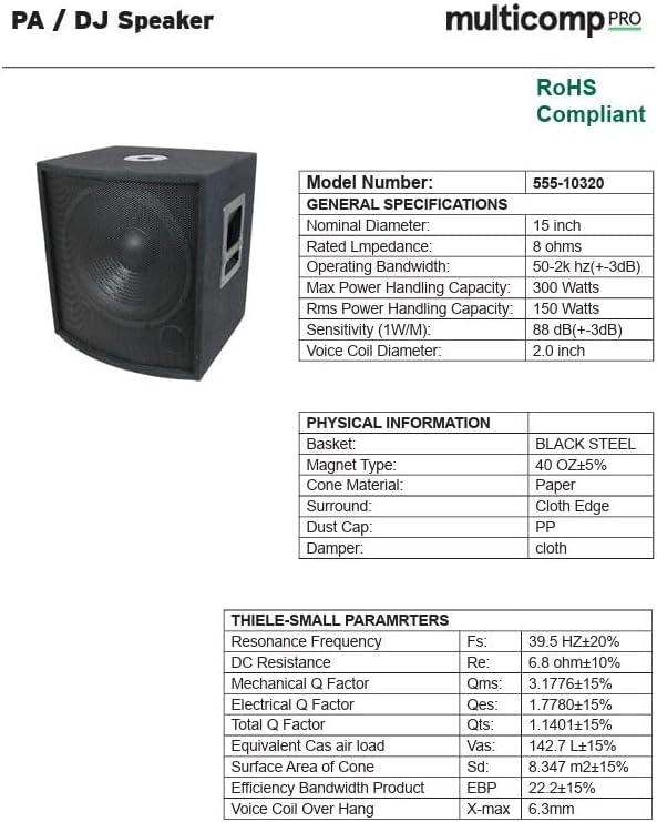 15'' PA/DJ Speaker Subwoofer 150W RMS, 50Hz-2000Hz, 8 Ohm, Heavy-Duty MDF cabinets