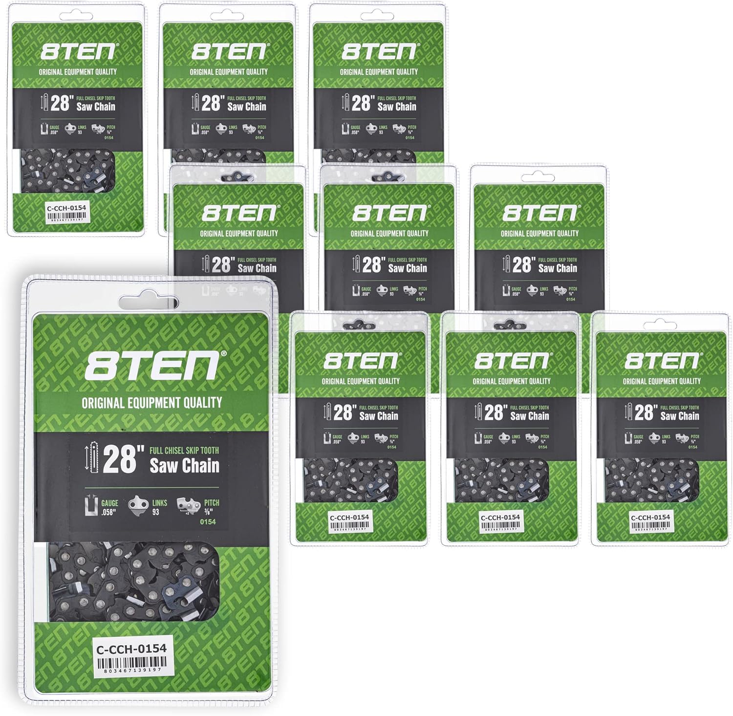 8TEN Full Chisel Skip Tooth Chainsaw Chain 28 Inch .058 3/8 93DL For Husqvarna 262XP Poulan 475 Jonsered 2065 (10 Pack)