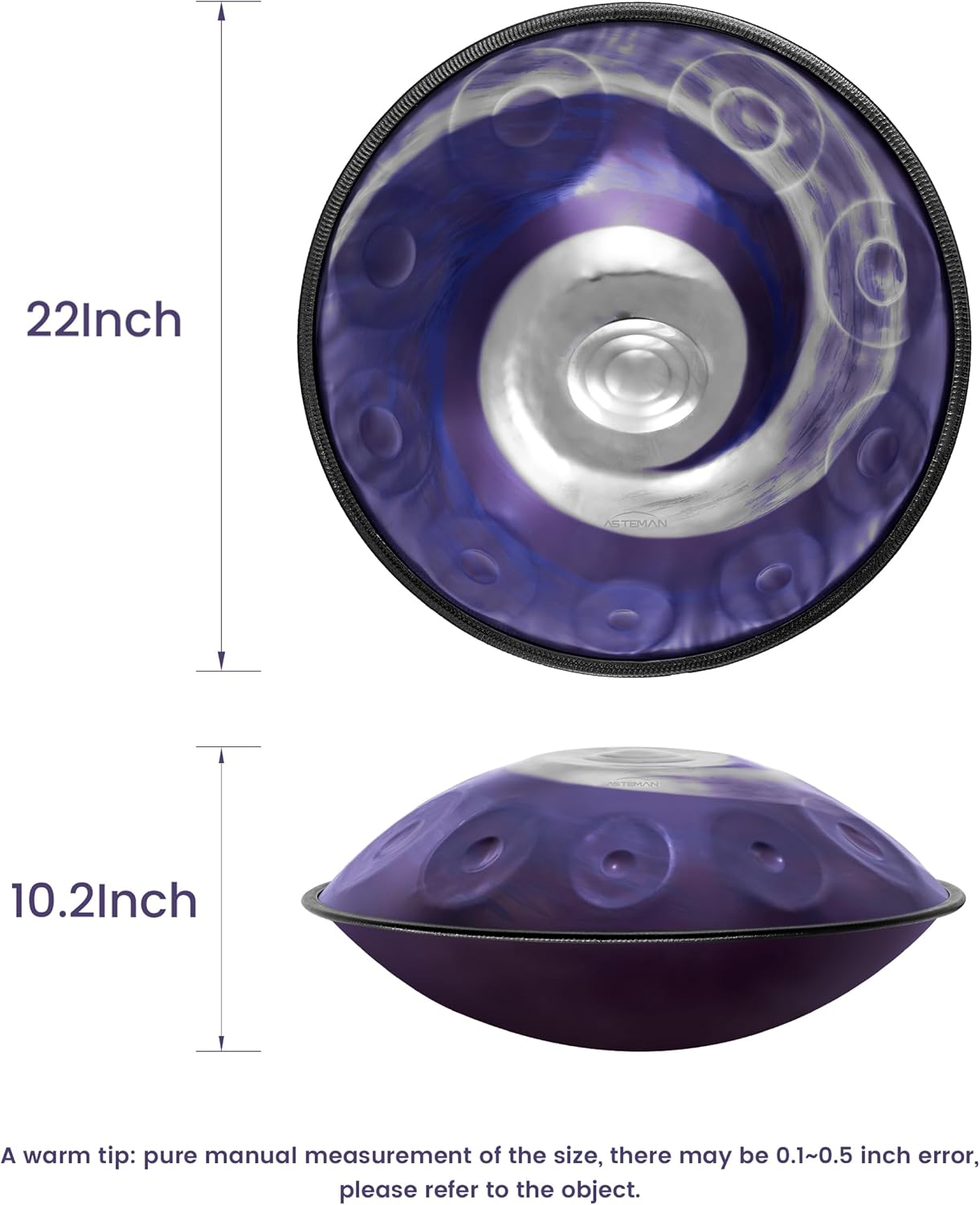 ASTEMAN Handpan in D Minor,432hz, 22 inches with 10 notes, comes with a backpack, courses, finger sleeves, stand, cleaning cloth, and two mallets.