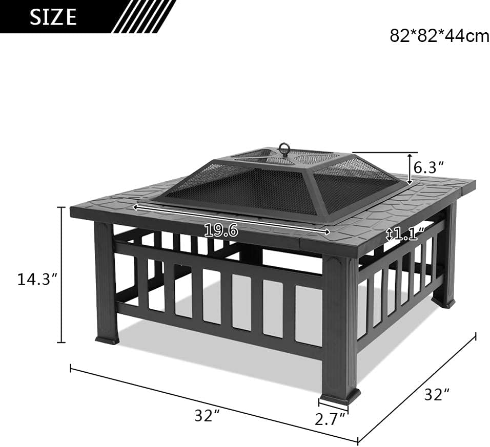 Garden Fire Pit Grill Bowl Grill Barbecue Rack 32In Fire Pit Outdoor Wood Burning Bonfire Stove Durable Metal Square Brazier Tabletop Fireplaces with Mesh Screen Lid Accessories Backyard