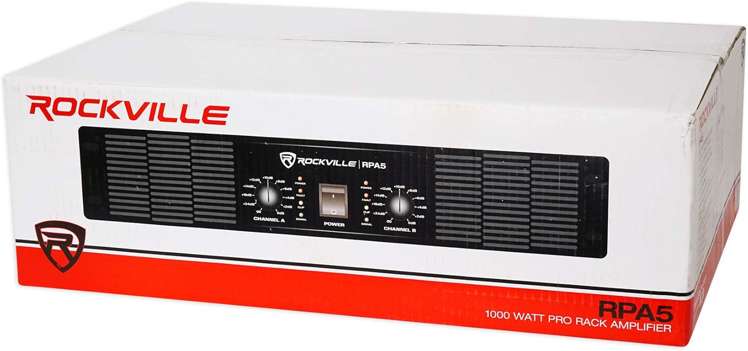 Rockville RPA5 2-Channel Power Amplifier, 200W RMS @ 4 Ohm, 1000W Peak, Stereo/Mono Switch, Built-in Crossover, for DJs, Live Sound, and Pro Audio