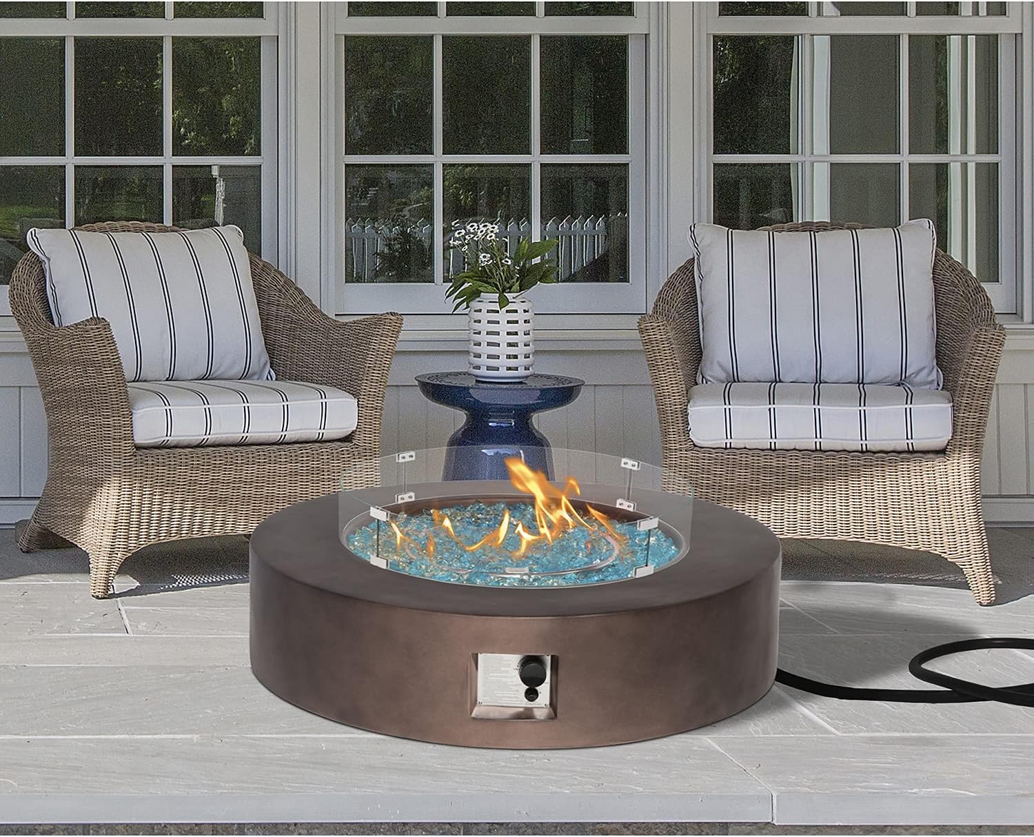 HOMPUS Propane Patio Fire Pit Table with Wind Guard, Lava Rocks and Rain Cover for Outdoor Leisure Party,50,000 BTU 42-inch Round Bronze Concrete Fire Table