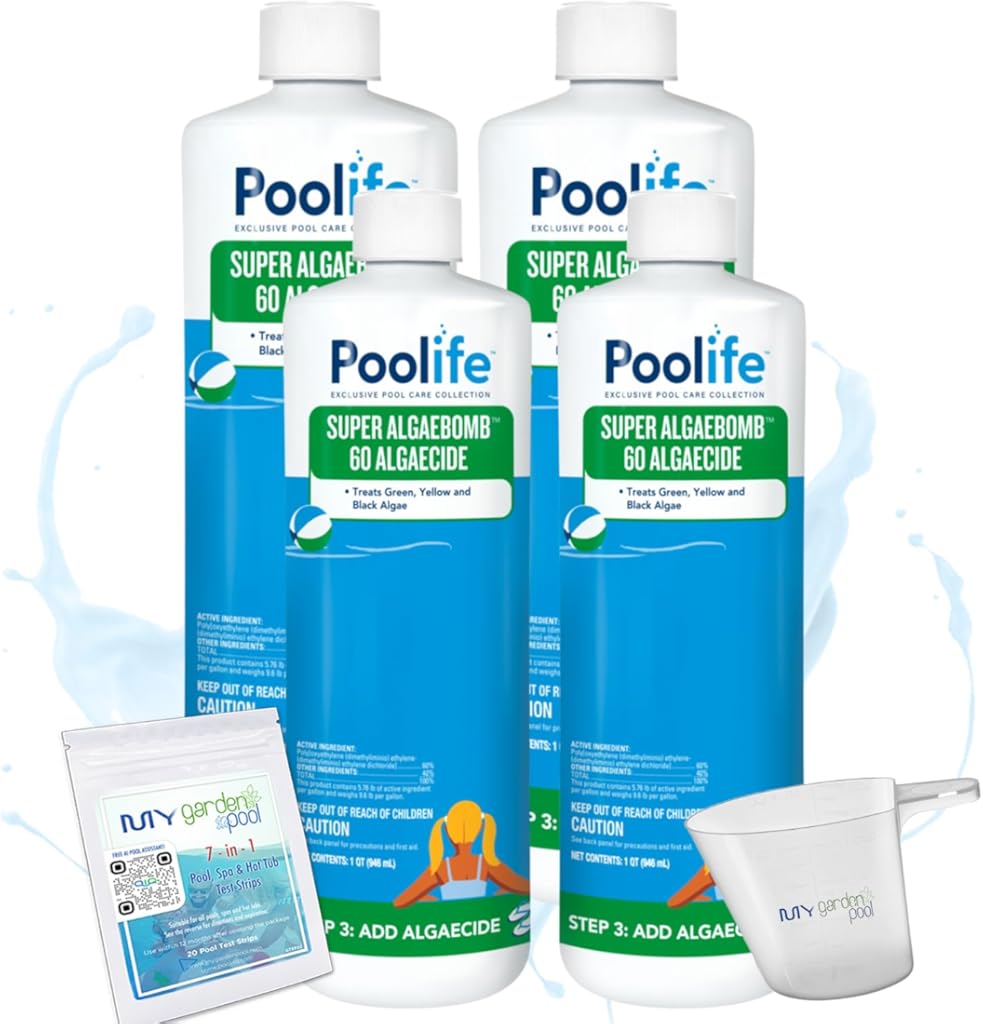 Poolife Super AlgaeBomb 60 – Non-Foaming Liquid Algaecide for Pools, Spas & Winterizing – 60% Polyquat Formula – Includes 7-in-1 Test Strips, Measuring Cup & Pool-IQ AI Assistant 4 Pack