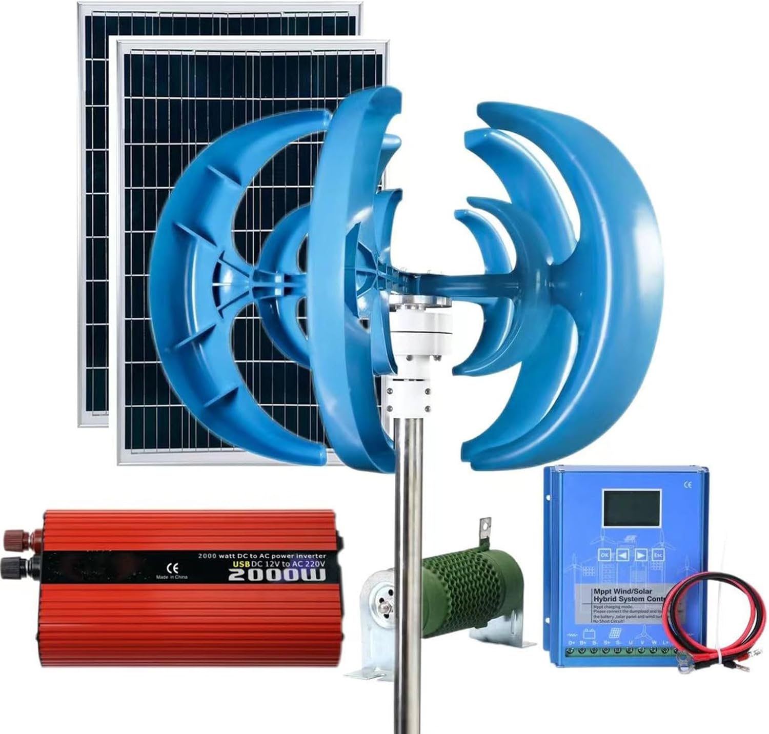 1000W Wind-solar Complementary Power Generation System With 2 * 100W Solar Panel+800W 12V/24V Wind Turbine Generator+intelligent Controller+2000W Inverter Vertical Axis Wind Turbine Kit(24V)