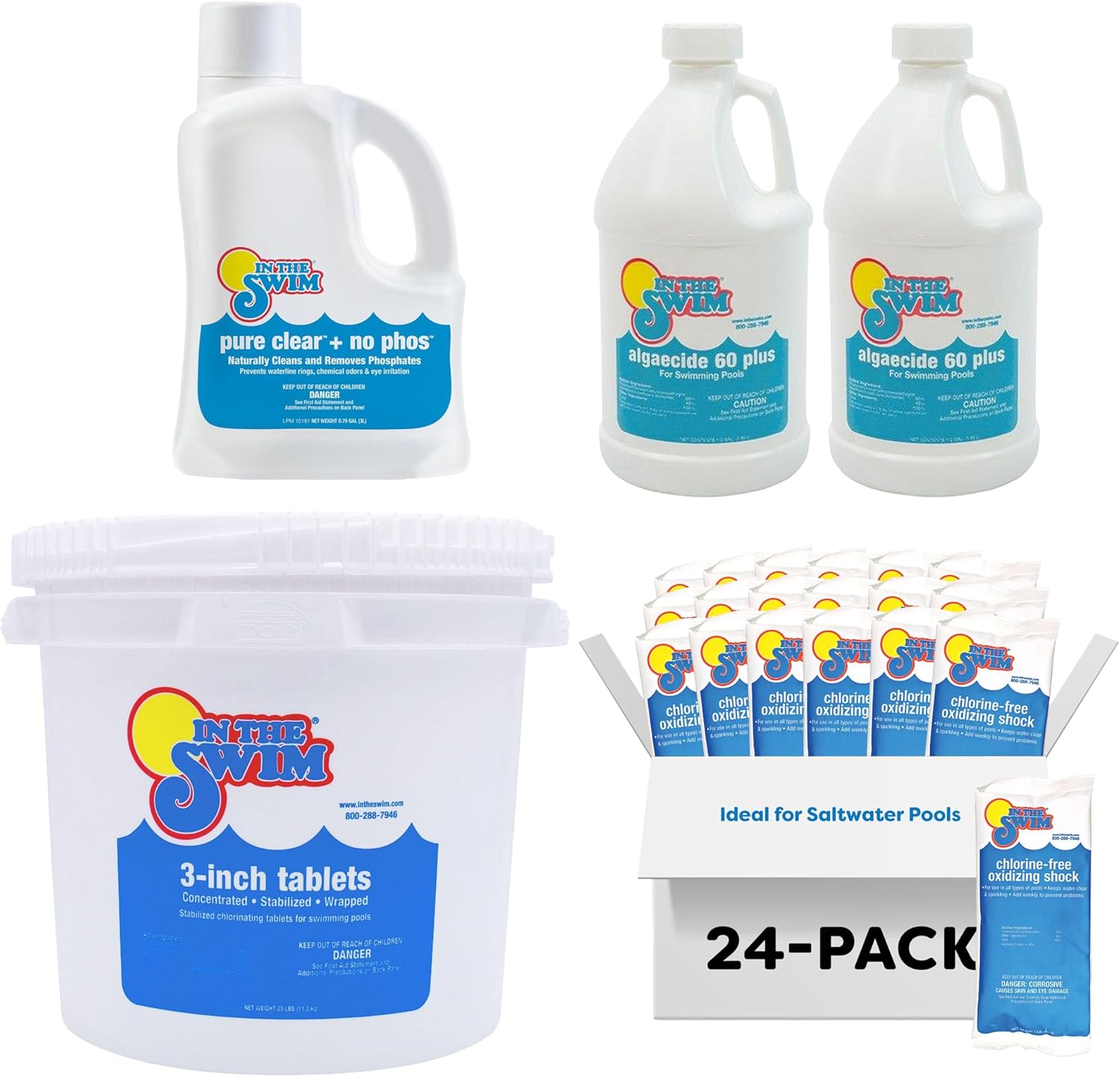 In The Swim Weekly Clear Pool Care Kit – Easy 4-Step Pool Cleaning Bundle with Chlorine Tabs, Algae Preventer, Shock & Clarifier – Keep Your Pool Sparkling - Plus