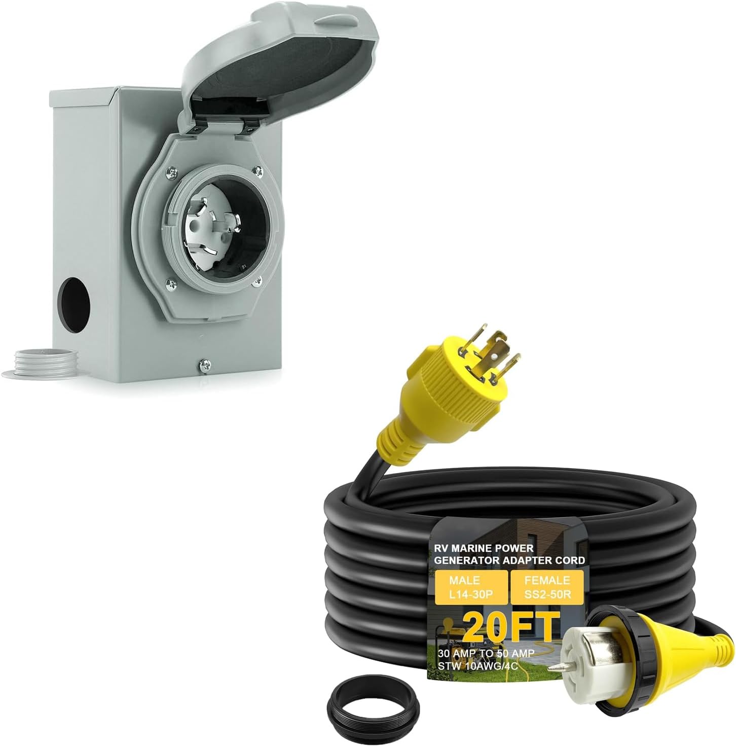 50 Amp Generator Power Inlet Box and 20FT L14-30P to SS2-50R Adapter Extension Cord