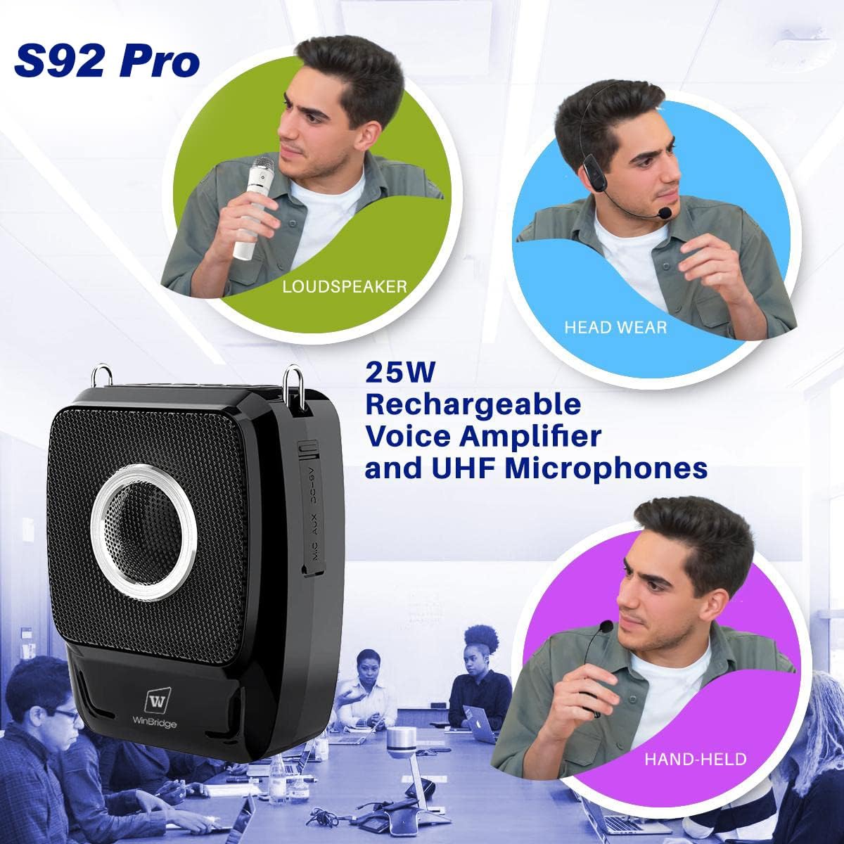 W WINBRIDGE S92 Pro Portable PA System -25W Bluetooth Speaker with Dual Wireless Microphones, Wireless Voice Amplifier with Headset Mic and Handheld Mic for Presentations, Teaching, Karaoke