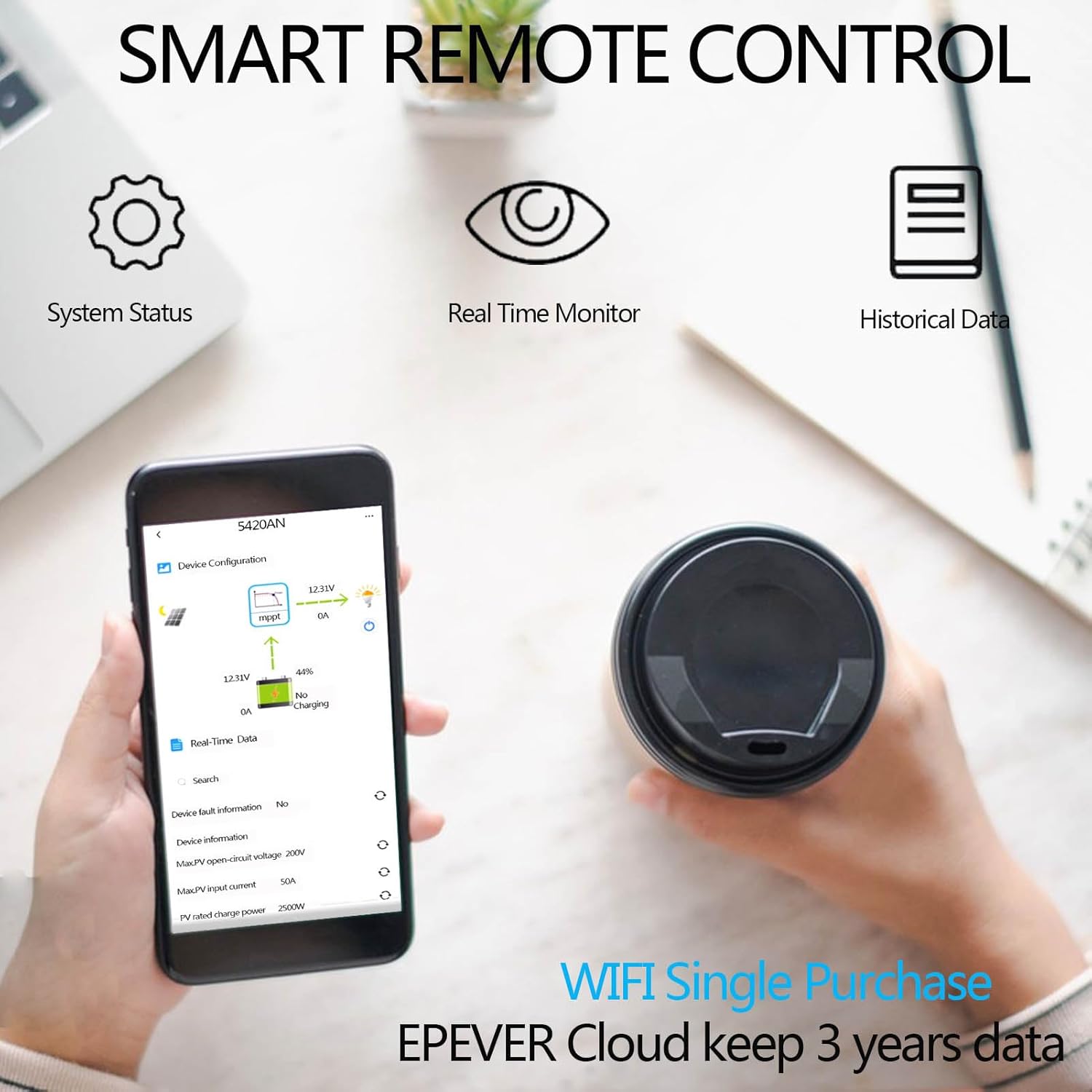 EPEVER 60A MPPT Solar Charge Controller Max PV Input 200V with MT52 12V/24V/36V/48V Auto Identify Support All Kind of Battery Type(Tracer6420AN52)