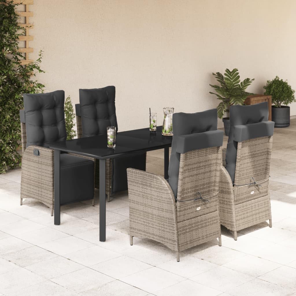 5 Piece Patio Dining Set with Cushions Gray Poly Rattan,Versatile Outdoor Dining and Relaxation Set with Adjustable Backrests, Glass Tabletop, and Comfortable Cushions Furniture Sets for Patio, Lawn &