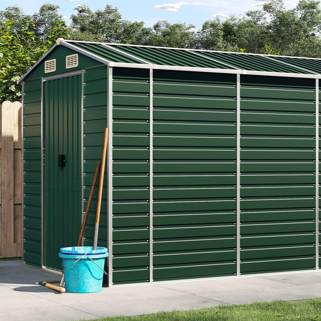 Outdoor Storage Shed, Galvanized Steel Garden Shed, Metal Utility Garden Tool House with Sloped Roof for Backyard, Patio, Garage, Lawn, Green 75.2