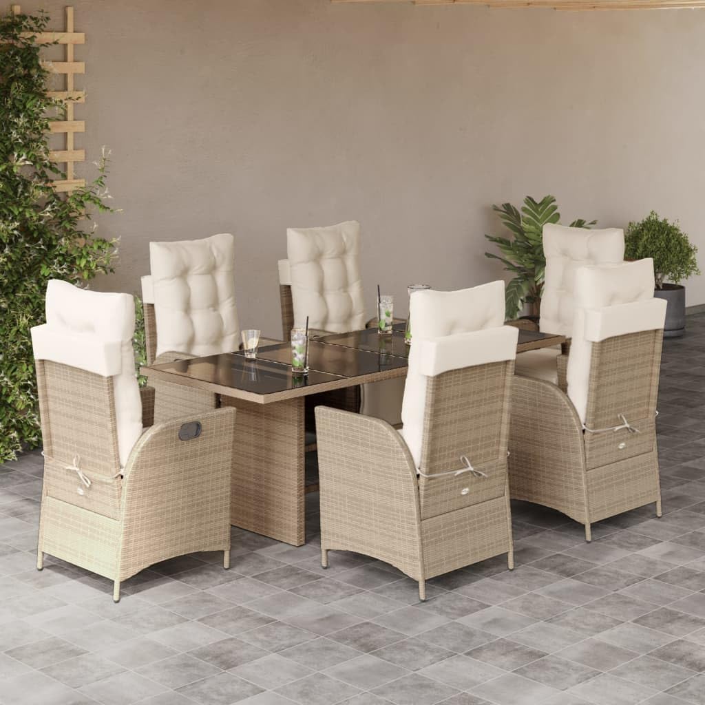 7 Piece Patio Dining Set with Cushions Beige Poly Rattan,Comfortable Outdoor Dining Set with Adjustable Loungers and Glass Tabletop Furniture Sets for Patio, Lawn & Garden