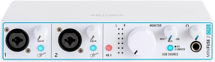 Arturia - MiniFuse 2 OTG - Audio & MIDI Interface with Creative Software for Recording, Production, Podcasting, Guitar, USBC/USBA - White