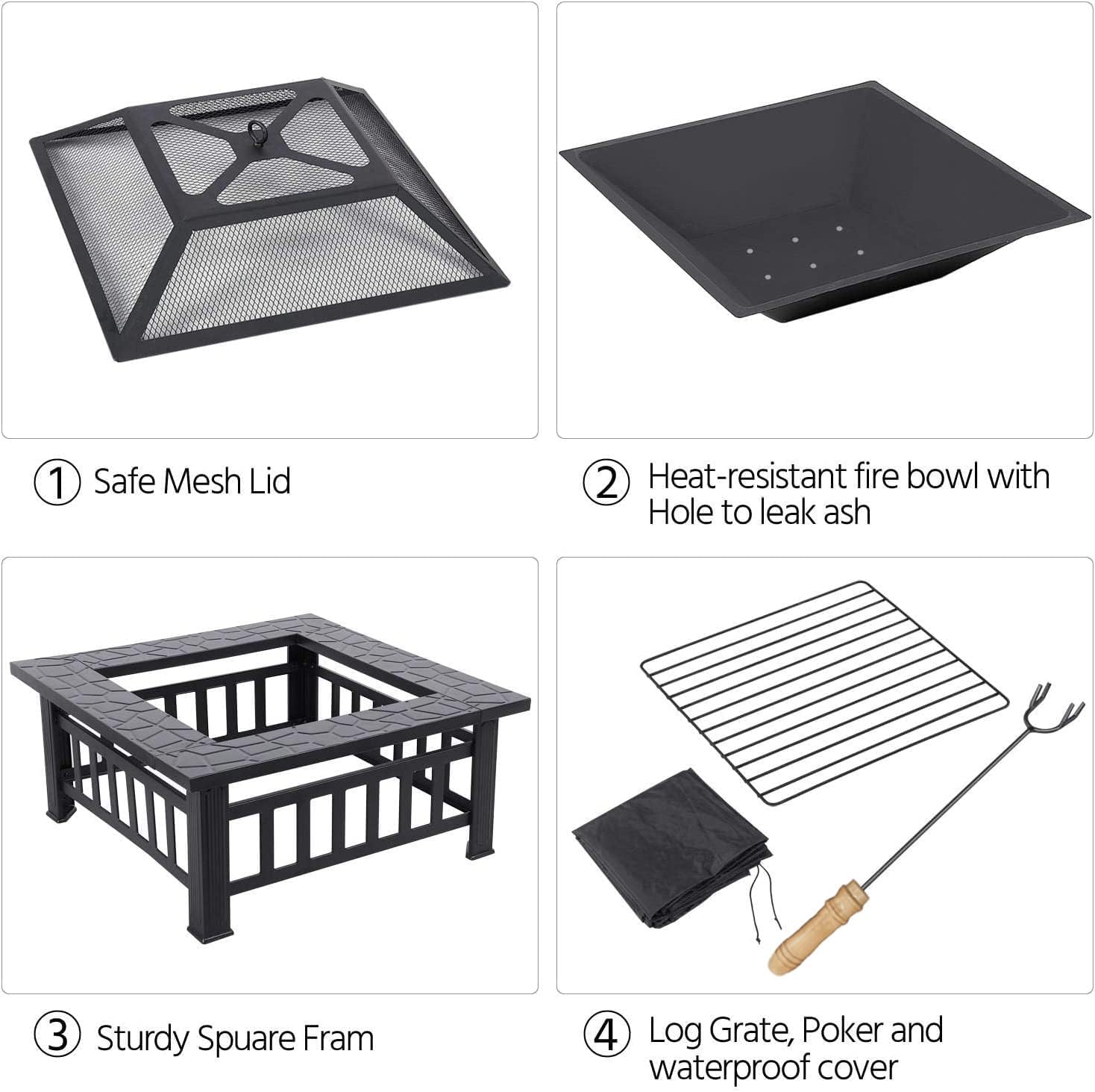 Outdoor Wood Burning Fire Pit 32 Inch, Square Metal Firepit for Outside, Multifunctional Bonfire Fire Pits Table with Mesh Lid and Poker for Backyard Heating, Garden, Patio, Camping, Black