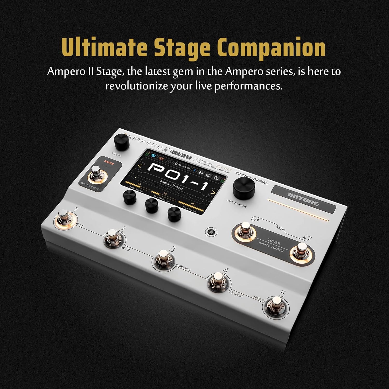 HOTONE Multi-Effects Pedal Dual Effect Chains with FX Loop MIDI I/O Stereo OTG USB Audio Interface Touch Screen Ampero II Stage(Include 10 PCS Additional Footswitch Toppers By VOLKTONE)