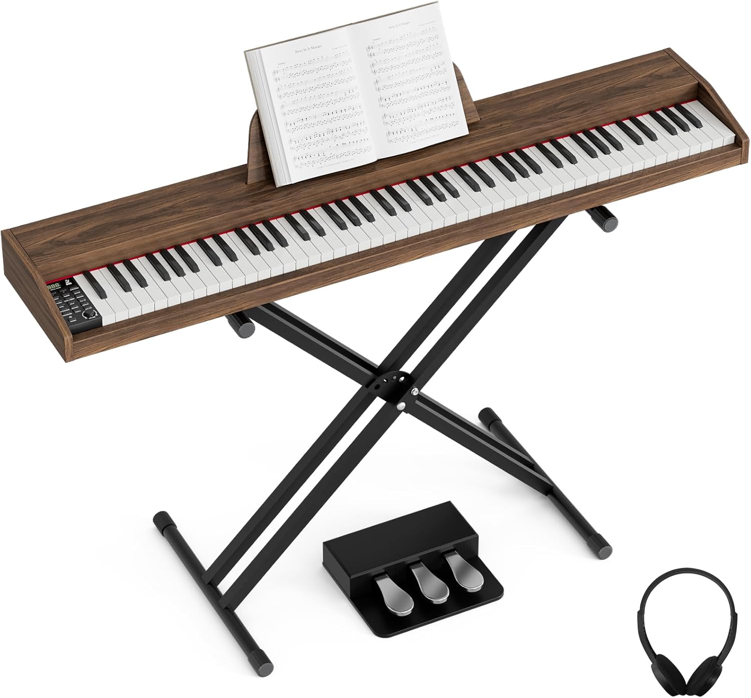 UMOMO U-723 88 Key Digital Piano Keyboard with Piano X Stand, Full Size Electric Piano with Headphone, 3 Pedal, Electronic Piano for Beginner, Adults, Walnut