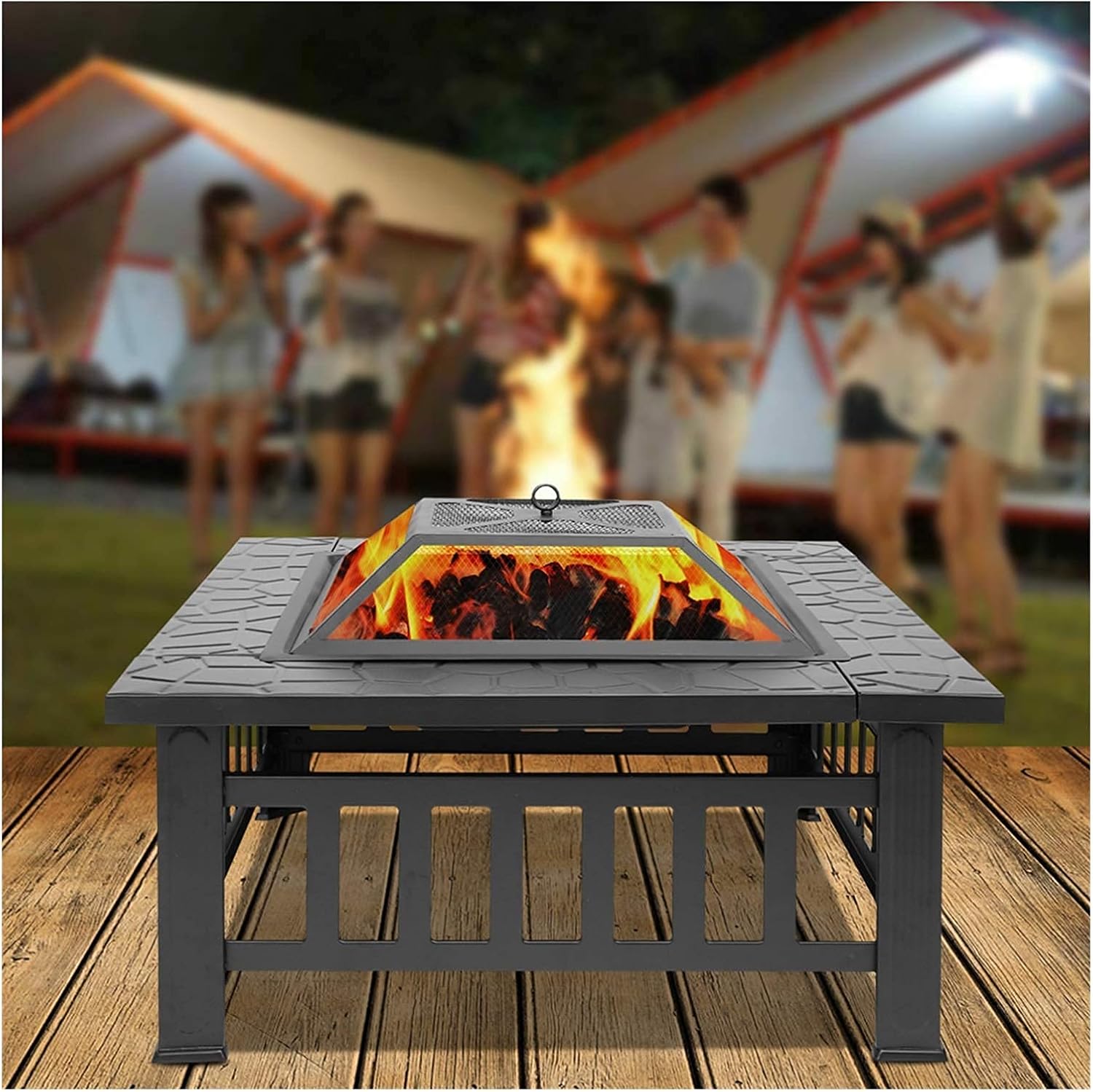 Outdoor Portable 32-Inch Metal Fire Pit, Barbecue Square Table, Backyard Patio Garden Stove, Wood-Burning Fireplace, Suitable for Garden Outdoor Patio