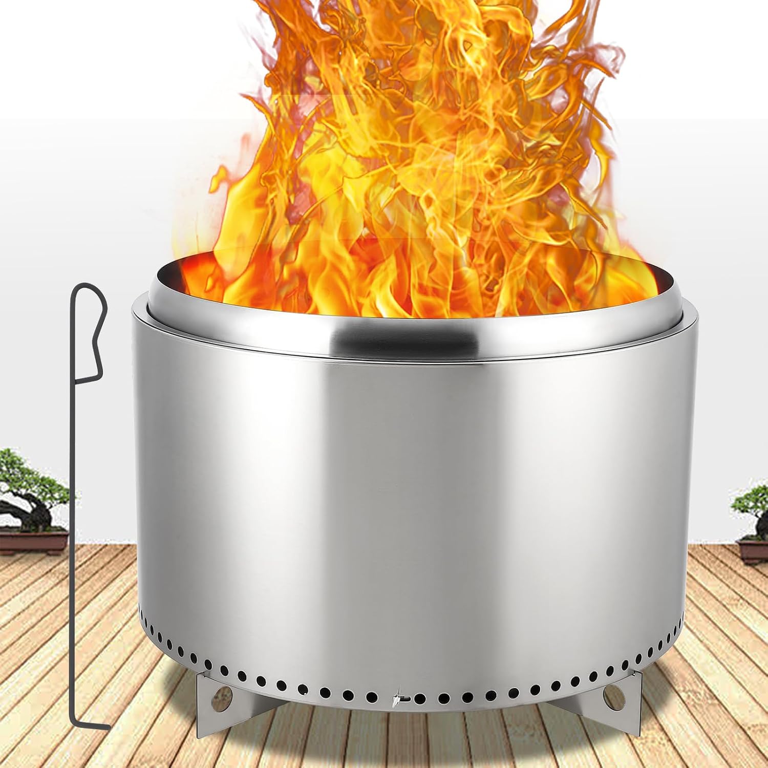 27 Inch Smokeless Fire Pit Outside, Large Stainless Steel Fire Pit with Removable Stand and Ash Pan, Portable Outdoor Fireplace, Perfect for Bonfire, Camping, Picnic, Family Gatherings