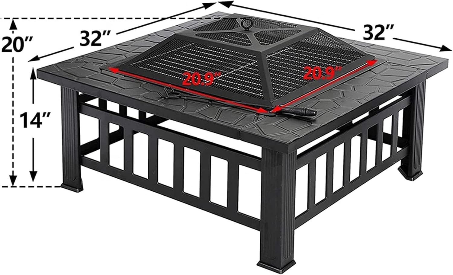 BBQ Grill Outdoor Large Outdoor Fire Pits, 32in Square Bonfire Firepit, Wood Burning Fireplace Stove w/Spark Cover Screen & Poker & Grill Grate