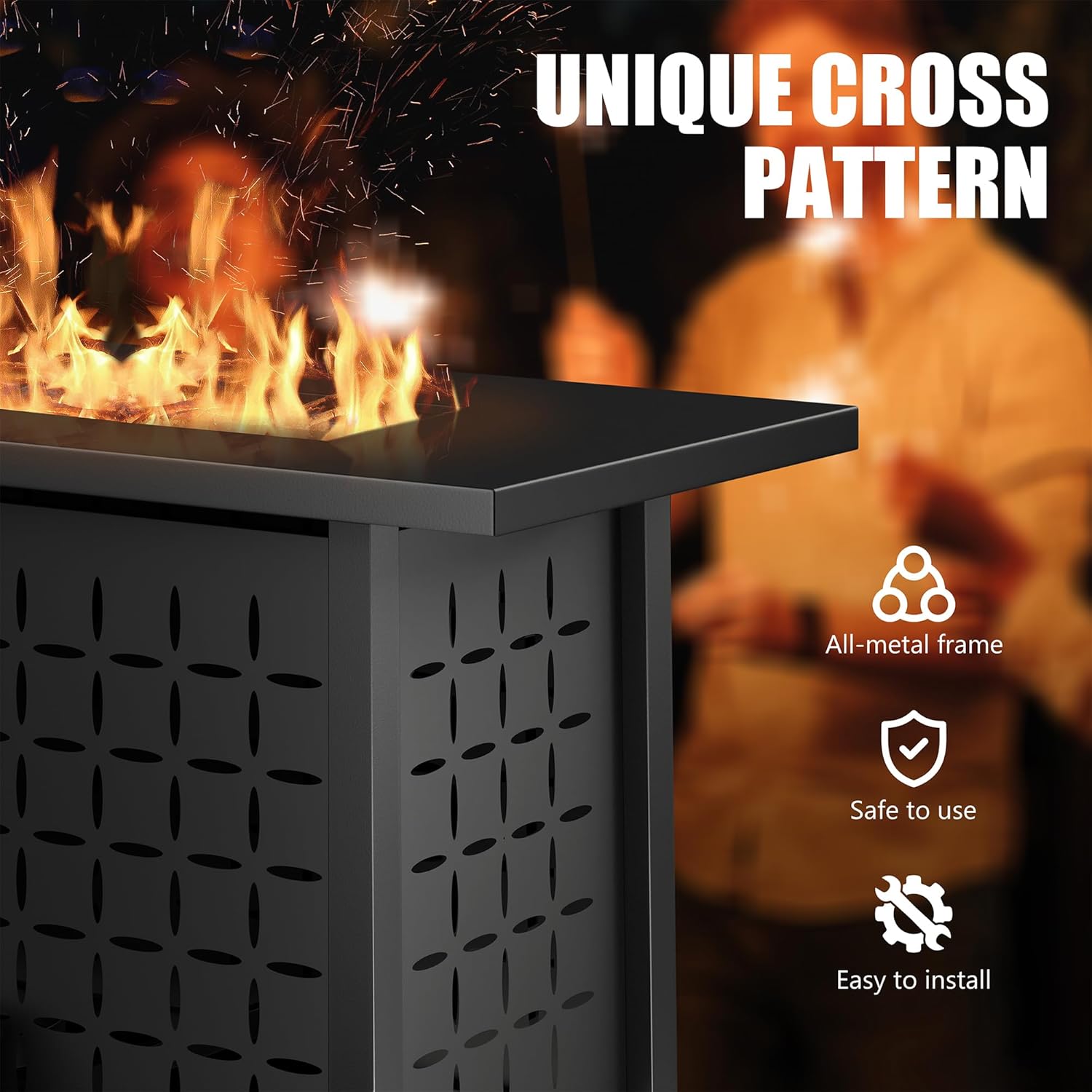 Vongrasig 43 Inch Propane Fire Pit, Outdoor Gas Fire Pit Table with Lid, Lava Rock, 50,000 BTU 2 in 1 Rectangular Table Top Firepit for Patio, Deck, Garden, Backyard