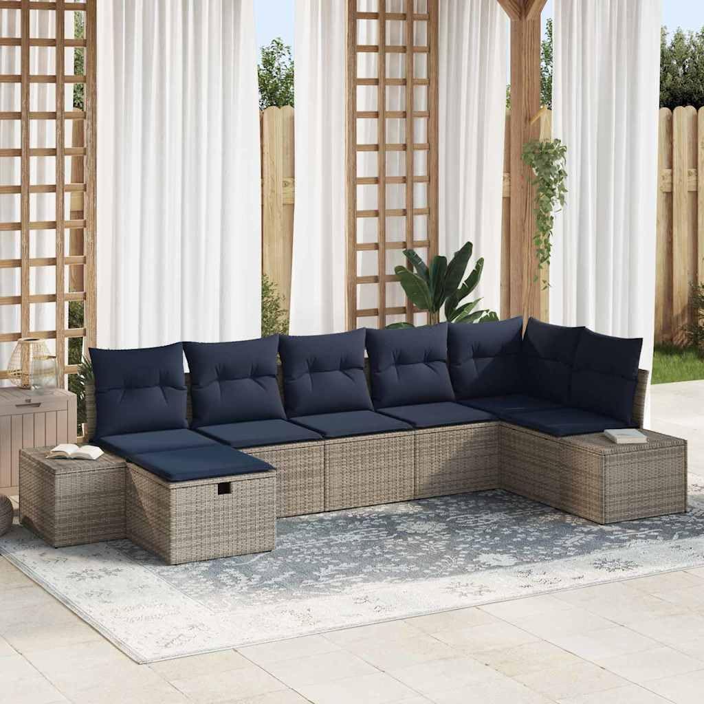 7-Piece Grey Poly Rattan Garden Sofa Set, Modular Outdoor Patio Furniture with Cushions, UV-Resistant Seating for Balcony