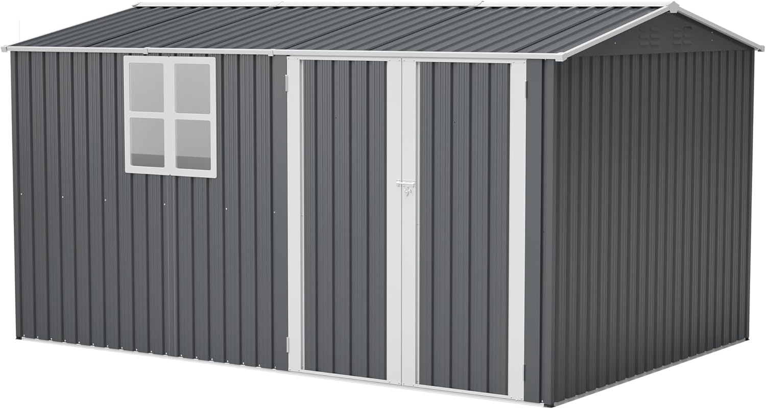 8x12 Ft Storage Shed Outdoor – XL Heavy-Duty Steel Building with Window, Hinged Gray Doors & 4 Air Vents for Backyard, Garden, Patio (Gray)