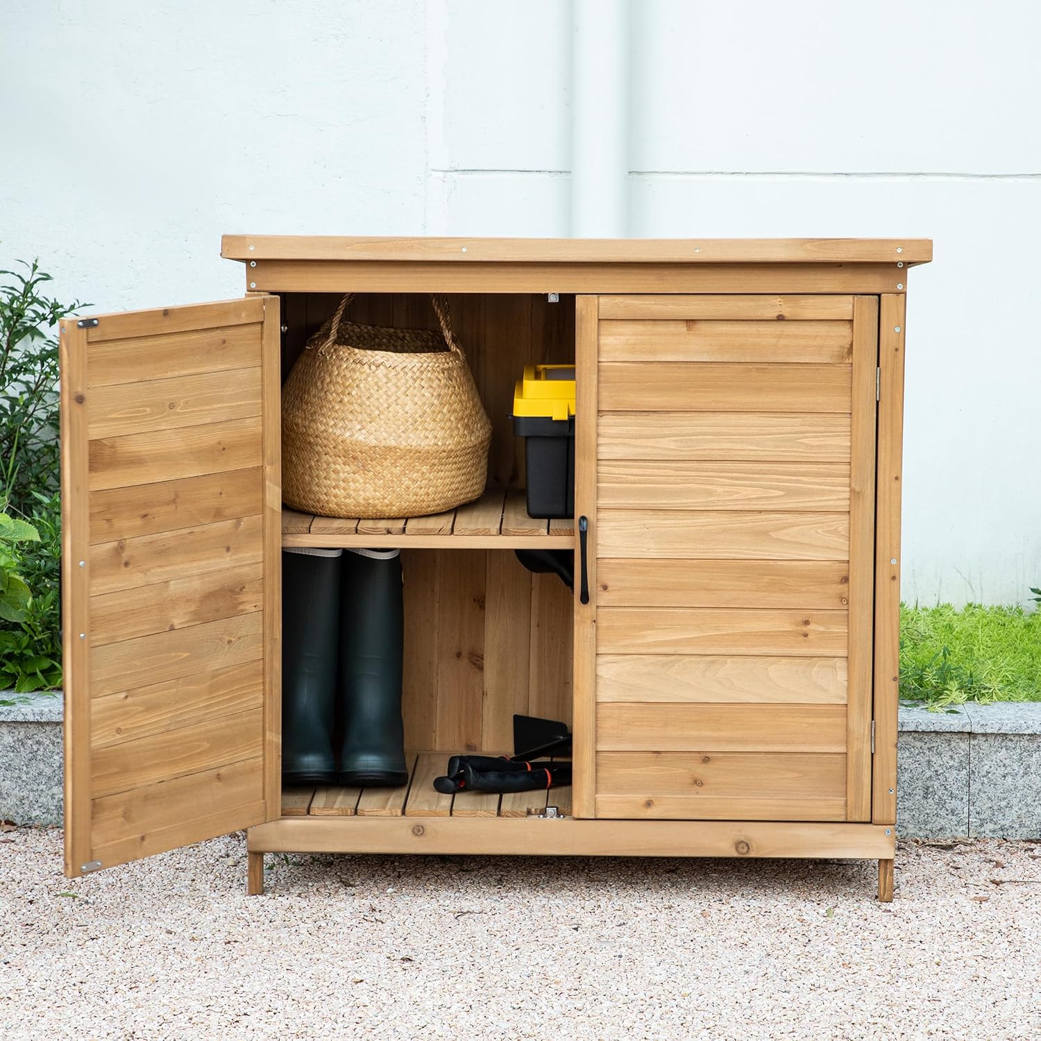 TAKUKA Outdoor Storage Cabinet with 2 Shelves, Wooden Garden Shed with Double Doors& Waterproof Roof，Outside Utility Tool Organizer for Garden Farm Backyard