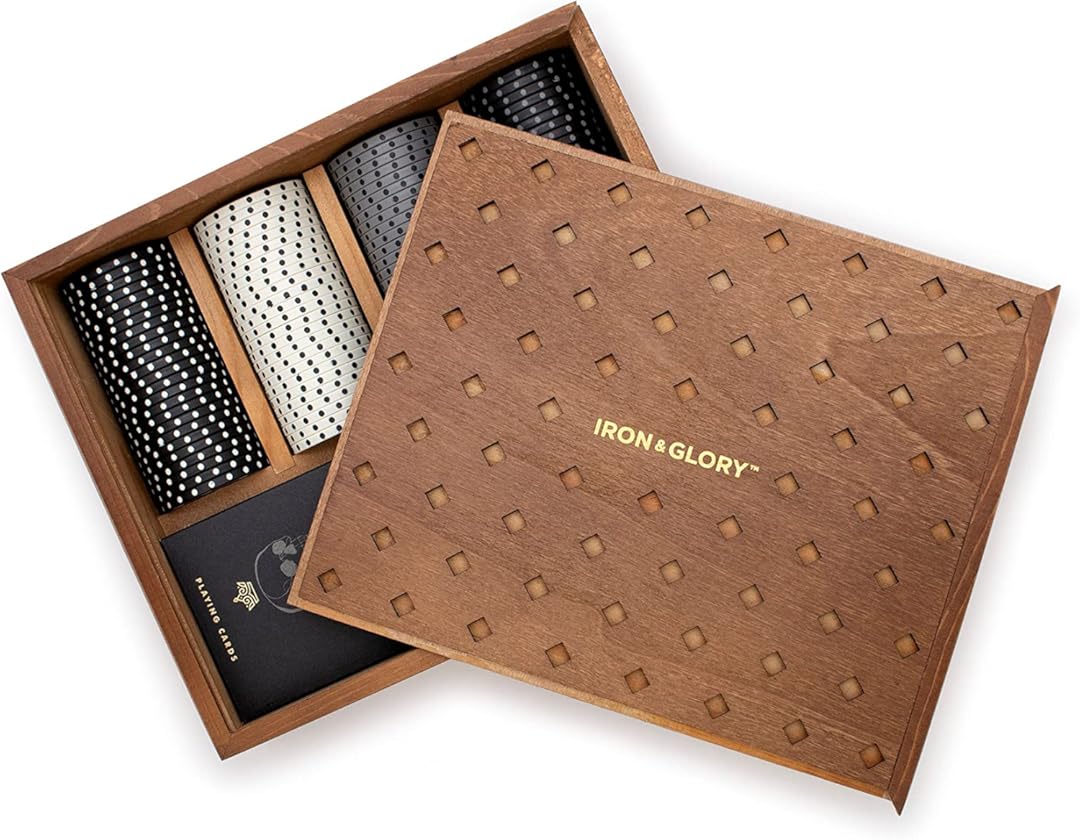 Iron & Glory Poker Set - Luxury Poker Set in Premium Wooden Box - Includes Playing Cards & 100 Custom Chips - Below Deck - Engraved Ace Of Spades Metal Dealer Chips - Board Games - Travel Games
