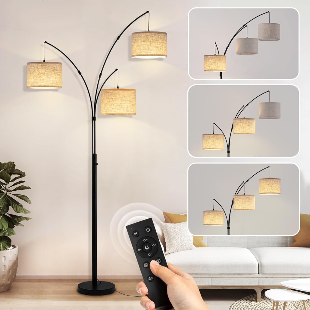Floor Lamps for Living Room, 2400LM Super Bright Arc Floor Lamp with Remote Control, 3 Light Tall Floor Lamps with Stepless Dimmable, 80