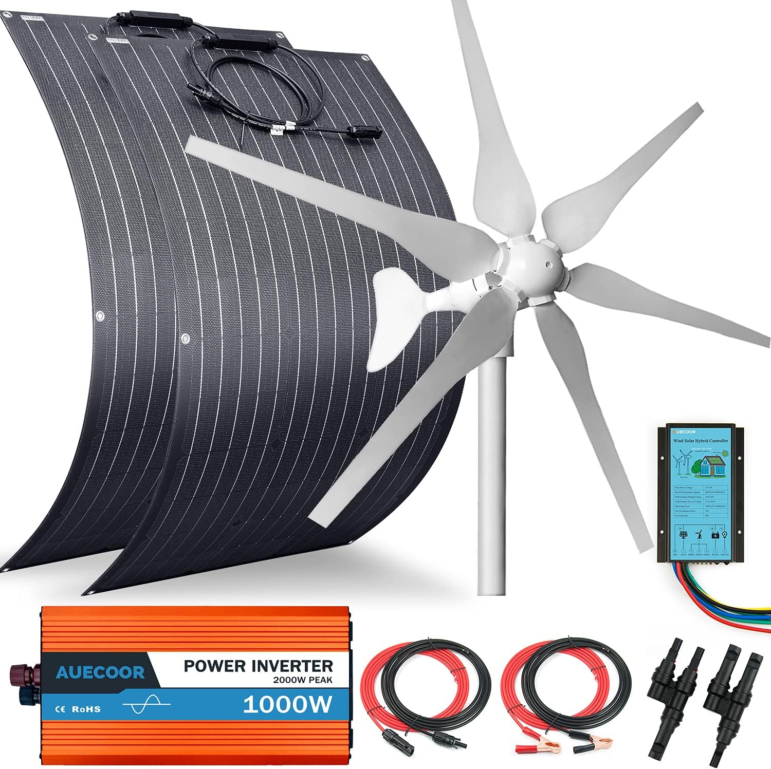 600W Solar & Wind Power Kits Home Off-Grid System for Charging 12V Battery：400W Wind Turbine Generator + 200W ETFE Flexible Mono Solar Panel + Hybrid Charge Controller+ 1000W 12V Inverter