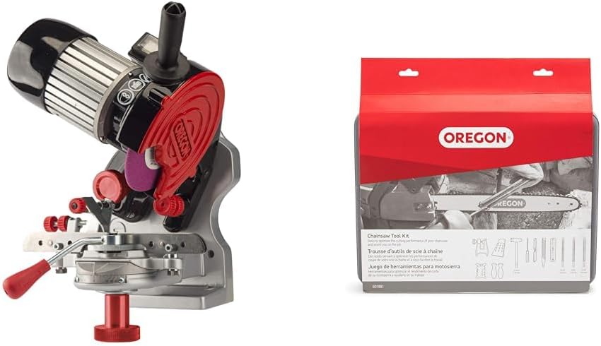 Oregon Professional Compact 120-Volt Bench Grinder & Chainsaw Chain Sharpening Kit with Hard Case - Contains Files, Handles, Depth Gauge, Stump Vise, Felling Wedge, and More Accessories
