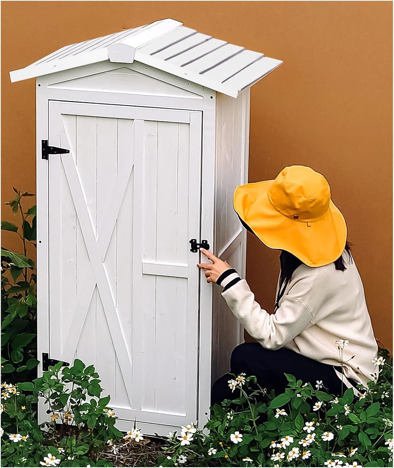 54in Tall Outdoor Storage Shed, Utility Tool Storage Cabinet, Wood Garden Cabinet with Door & Lock, Weather Proof Garden Houses, Tool Container for Patio Storage, Lawn Mower(Grey)