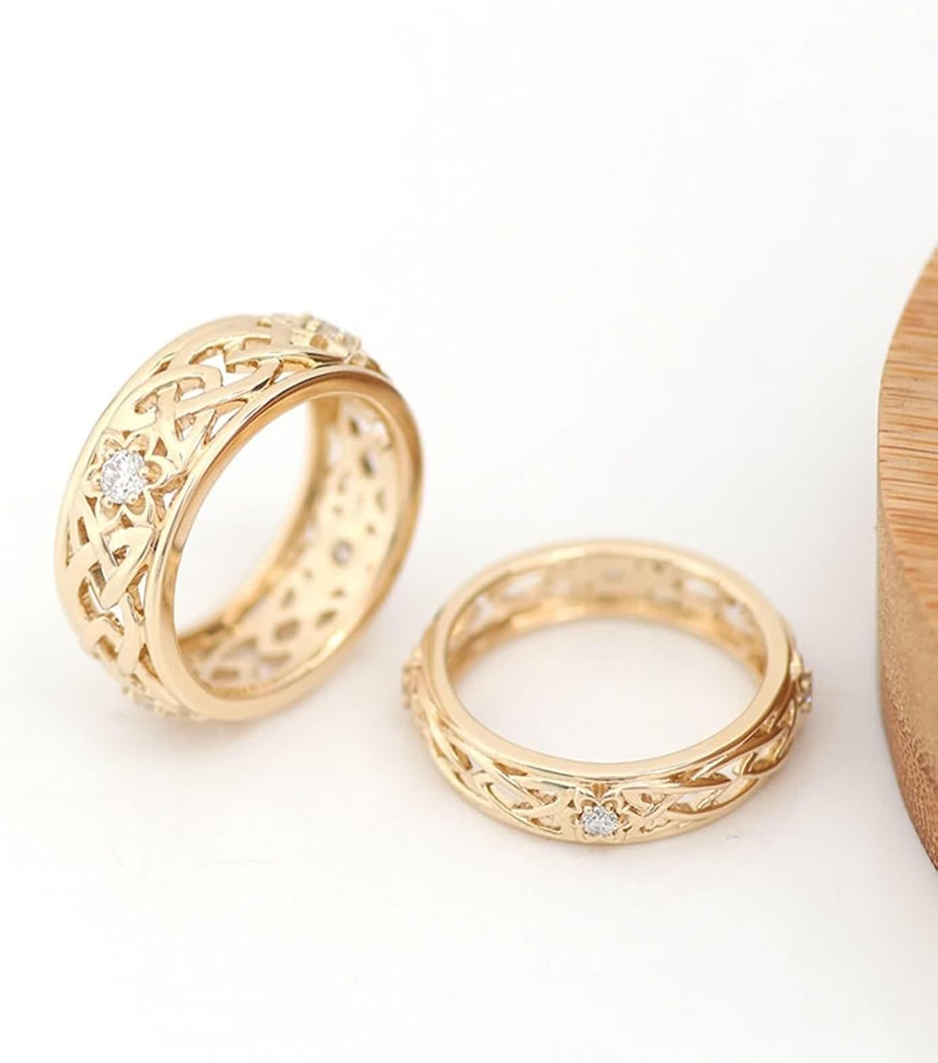 9K Yellow Gold Ring, Womens Engagement Ring Moissanite Vintage Hollow Couple Matching Gold Band for Valentine's Day