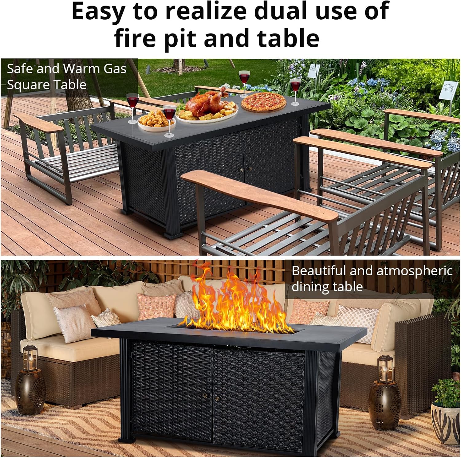 Acekool 52 Inch Propane Fire Pit Table, 50,000 BTU Outdoor Rectangular Propane Firepit Table with Steel Tabletop, Lid, Rain Cover, 2 in 1 Firepit Table for Patio Deck Garden Backyard, Black