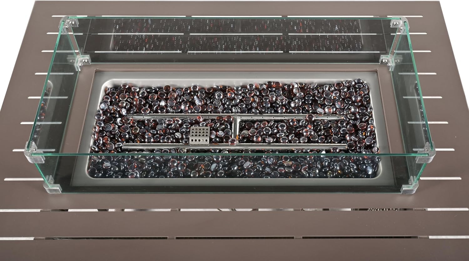 Greemotion Finley Patio Outdoor Propoane Fire Pit Table with Removable Cover and Glass Windshield 55,000 BTU for Patio Deck Backyard Poolside, Brown