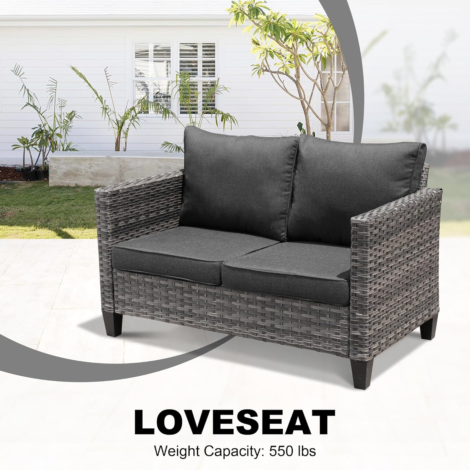 HOOOWOOO Outdoor Patio Furniture Set with Large Propane Fire Pit Table,8 Piece Modern Wicker Sofa Couch Set w Swivel Chair, Outside Weather Resistant Conversation Seating Set w Tile Back(Black)