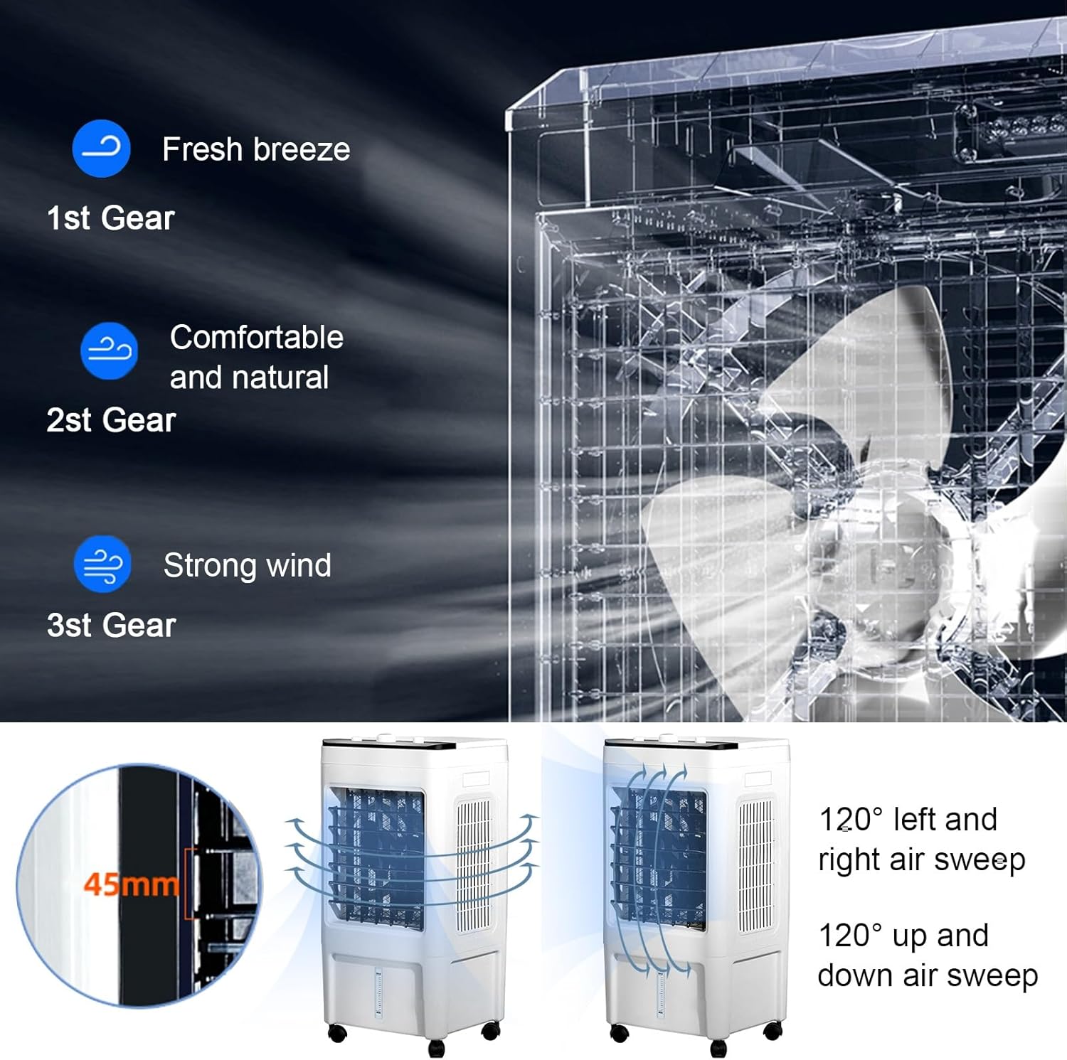 Evaporative Air Cooler, 3-in-1 Portable Air Conditioners, 12H Timer, 3 Speeds, 2.6 Gal Tank & 4 Ice Packs, 120°oscillation, Quiet Portable Ac for Room Bedroom Office