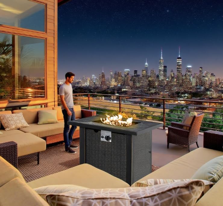 Outdoor Propane Gas Fire Pit Table, Auto-Ignition Square Wicker-Effect Gas Firepit with Ceramic Tabletop