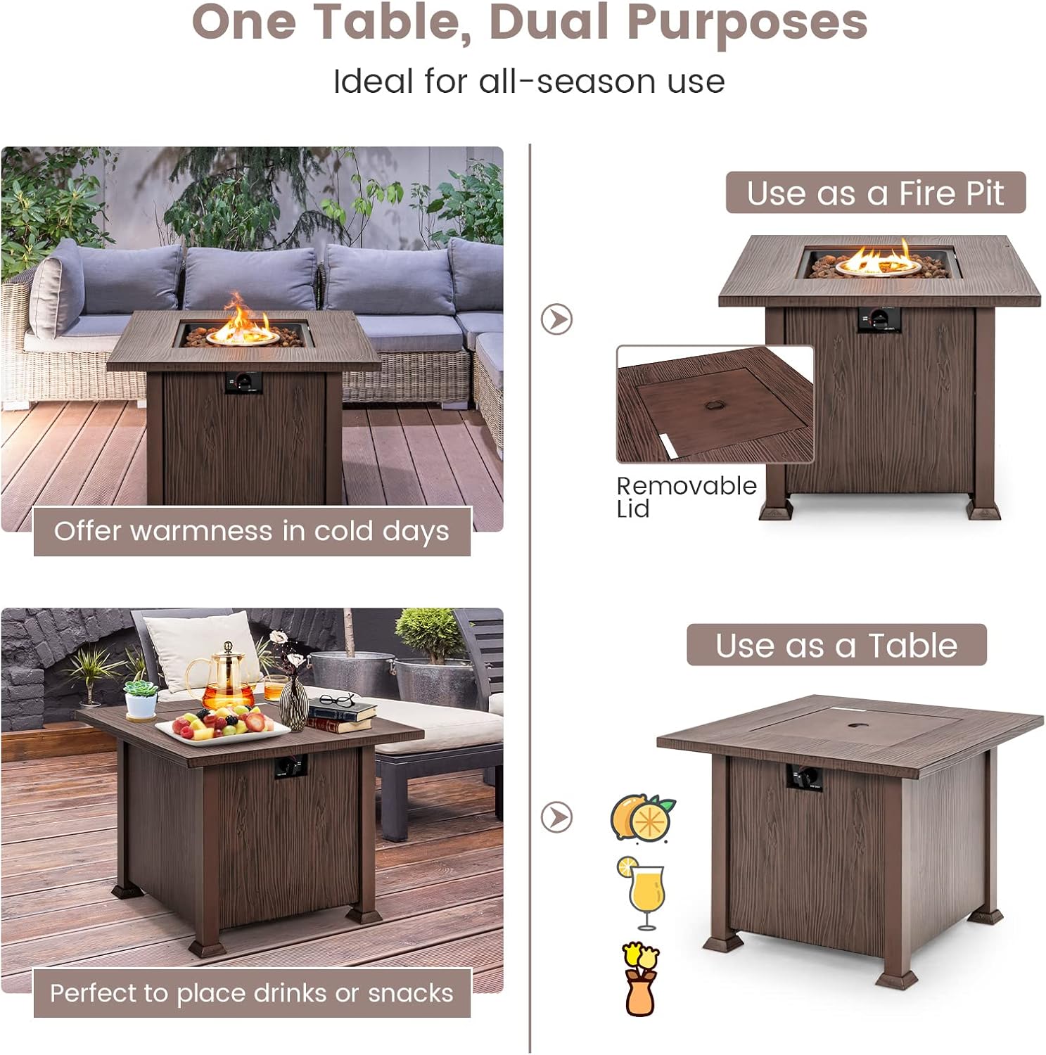 COSTWAY 32 Inches Propane Fire Pit, 50,000 BTU Gas Fire Pit Table with Lid, Lava Rocks, Protective Cover, 2-in-1 Outdoor Fire Table with Adjustable Flame, Stainless Steel Burner, CSA Certification