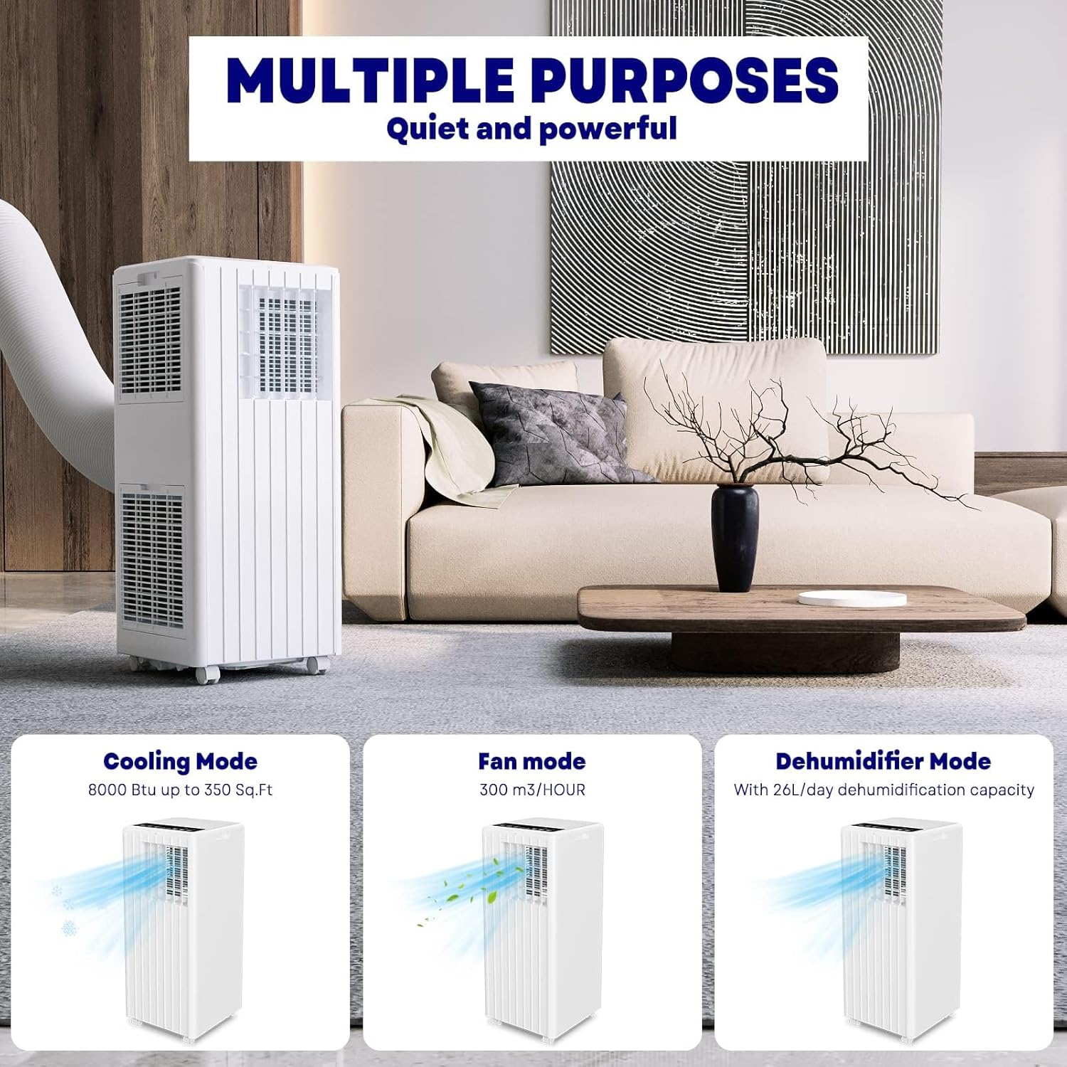 Portable Air Conditioners 8000 BTU - Quiet Cooling w/Remote & 24H Timer, Energy Saving AC Unit for Small Rooms, Bedrooms, Offices, Dormitories 350 Sq.Ft