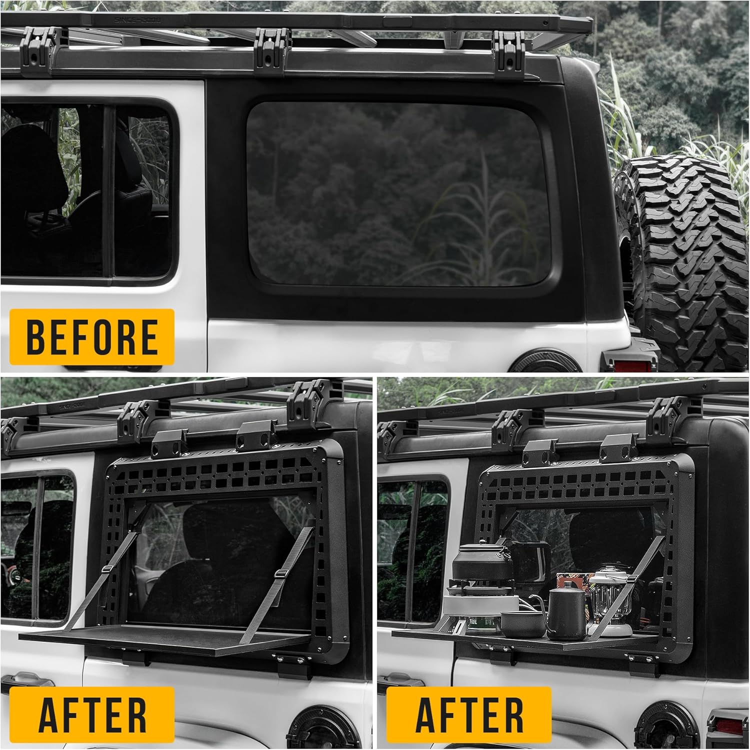 Rear Window Molle Panel with Fold-Down Table - Tactical Modular Rear Window Storage Panels for 2018-2025 Jeep Wrangler JL Off Road Camping Accessories (Driver Side)