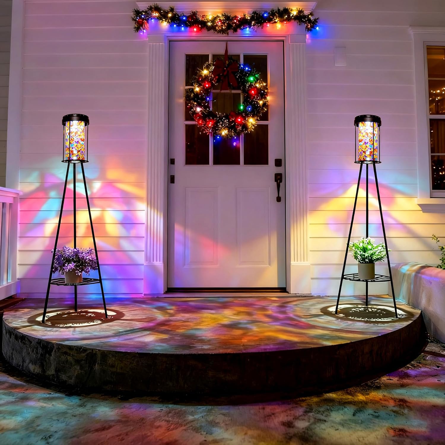 Outdoor Lamps for Patio 2 Pack, Outdoor Floor Lamp with Plant Stand, Solar Powered RGB Outdoor Lights, Waterproof Standing Lamp for Garden Yard Décor, Stained Glass Decorative Lamp, Gift for Women Mom