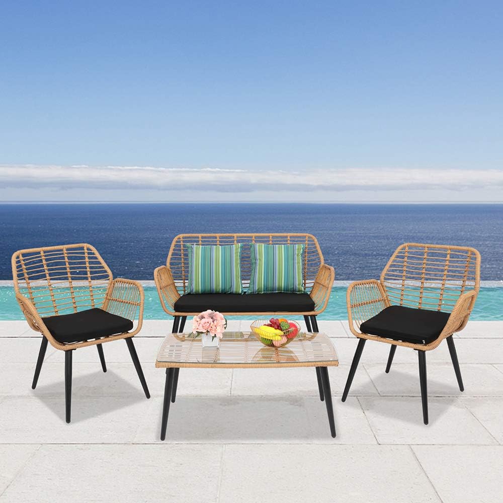Rattan Garden Furniture 4 Piece Set, Patio Outdoor Conservatory Wicker Chairs Set includes 1 Double seat Sofa, 2 Armchairs and Glass Top Side Table