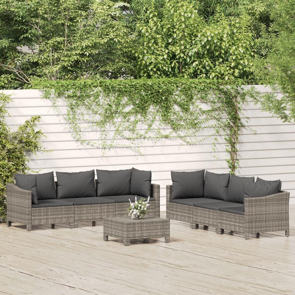 7 Piece Patio Lounge Set with Cushions Gray Poly Rattan, Patio Furniture Sets, Outdoor Furniture