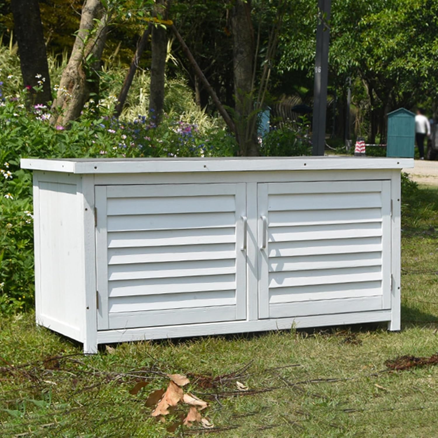 Double Door Outdoor Deck Boxes, Solid Wood+Metal Patio Storage Box, Garden Box with Plastic Foot for Balcony, Patio