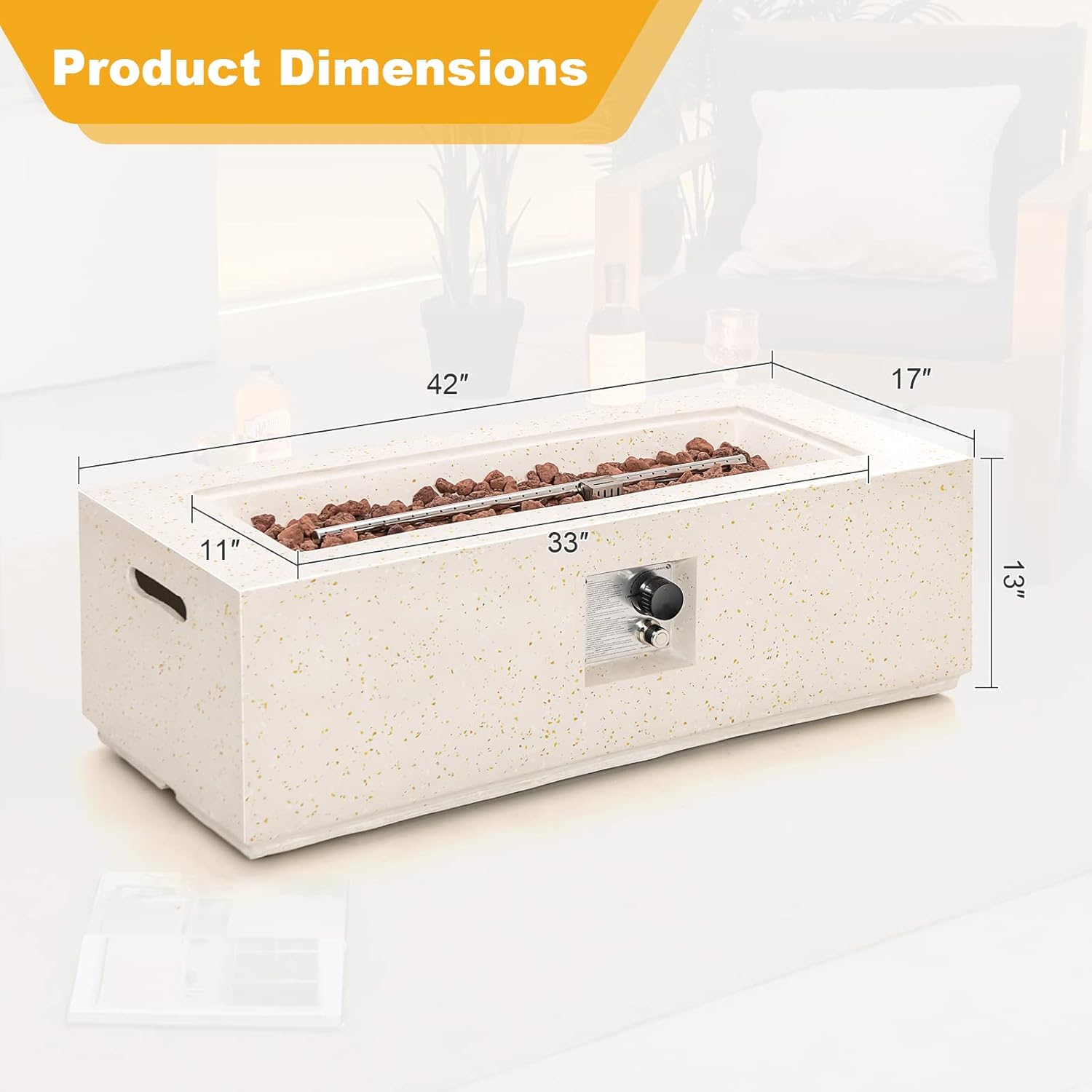 S AFSTAR Propane Fire Pit Table, 42 Inch 50,000 BTU Gas Fire Pit Table W/Stainless Steel Burner, & Volcanic Rocks, PVC Protective Cover, Outdoor Rectangular Terrazzo Fire Tables for Patio Pool Balcony