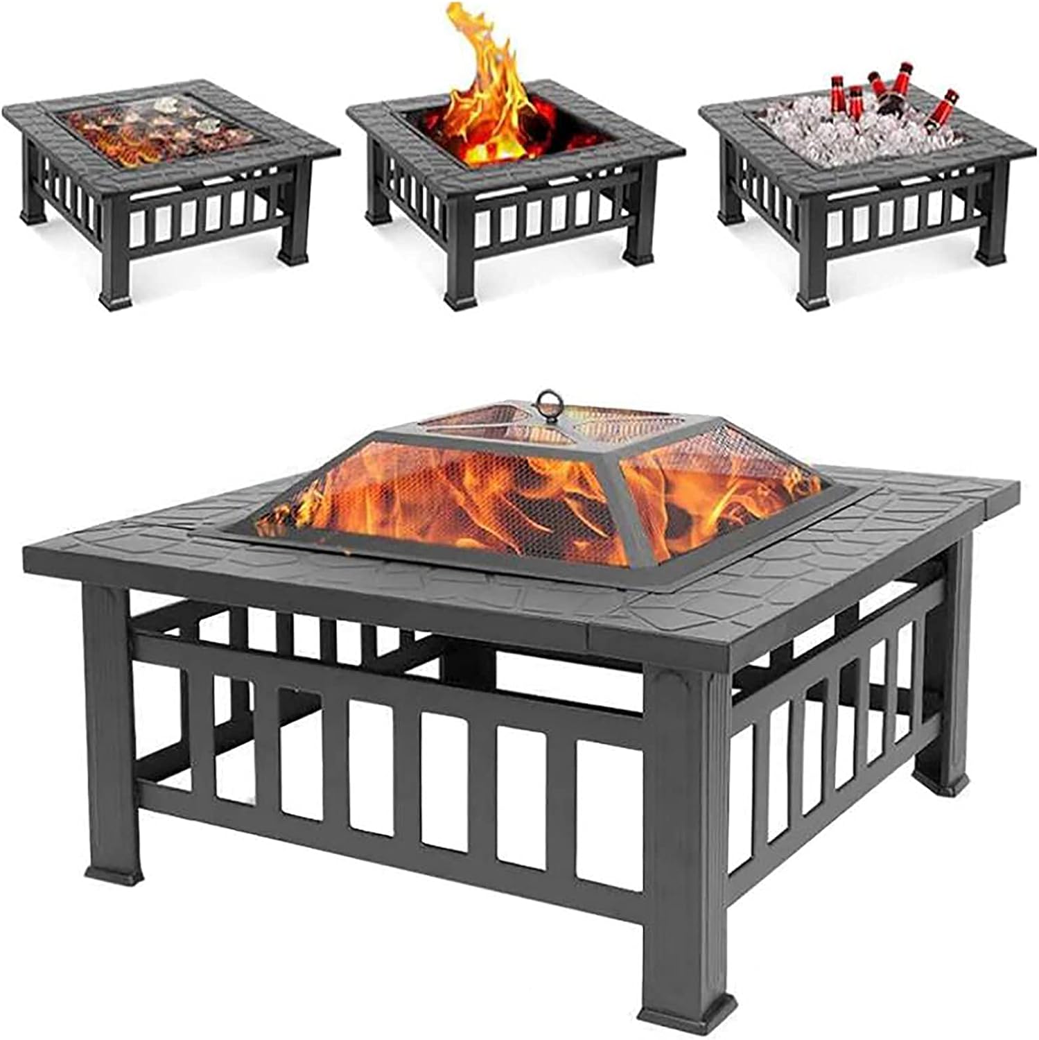 31.89 Inch Square Outdoor Fire Pit Table with Grill with Spark Screen,Waterproof Cover,Poker,for Camping Outdoor Heating Bonfire and Picnic