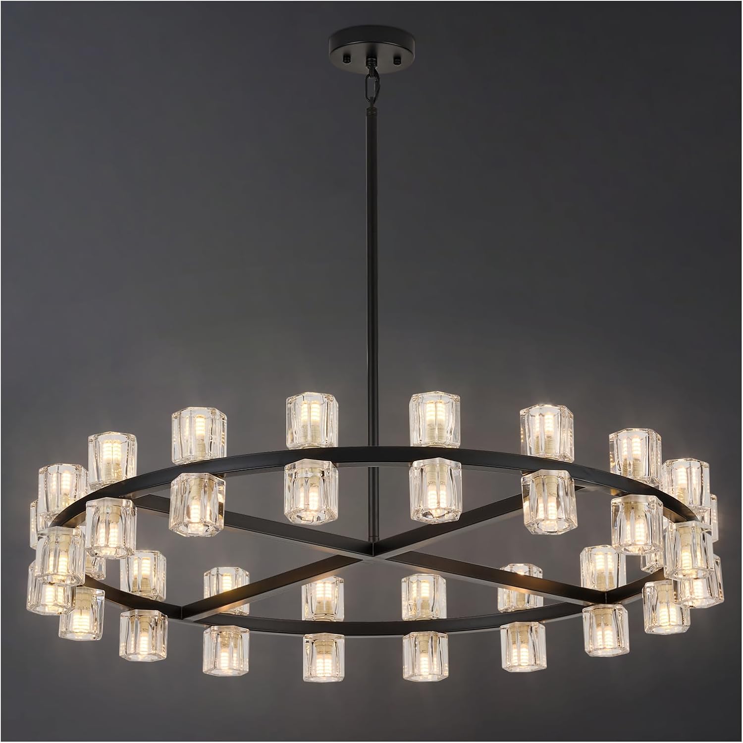 Modern 36 Inch Black Crystal Wagon Wheel Chandelier, Large Round 36-Light Pendant Lighting Fixture, Adjustable Height for High Ceilings Living Room, Dining Room, Foyer, Entryways (BLACK-36in)