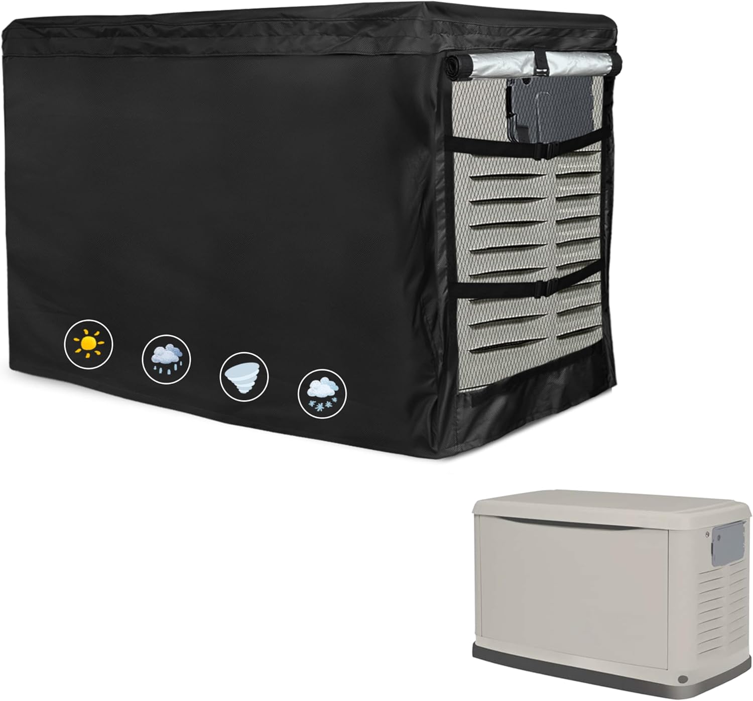 Generator Cover 600D Polyester Heavy Duty Waterproof Compatible with 7.5kW 10kW 14kW 18kW 20kW 22kW 24kW Home Standby Generator, Black