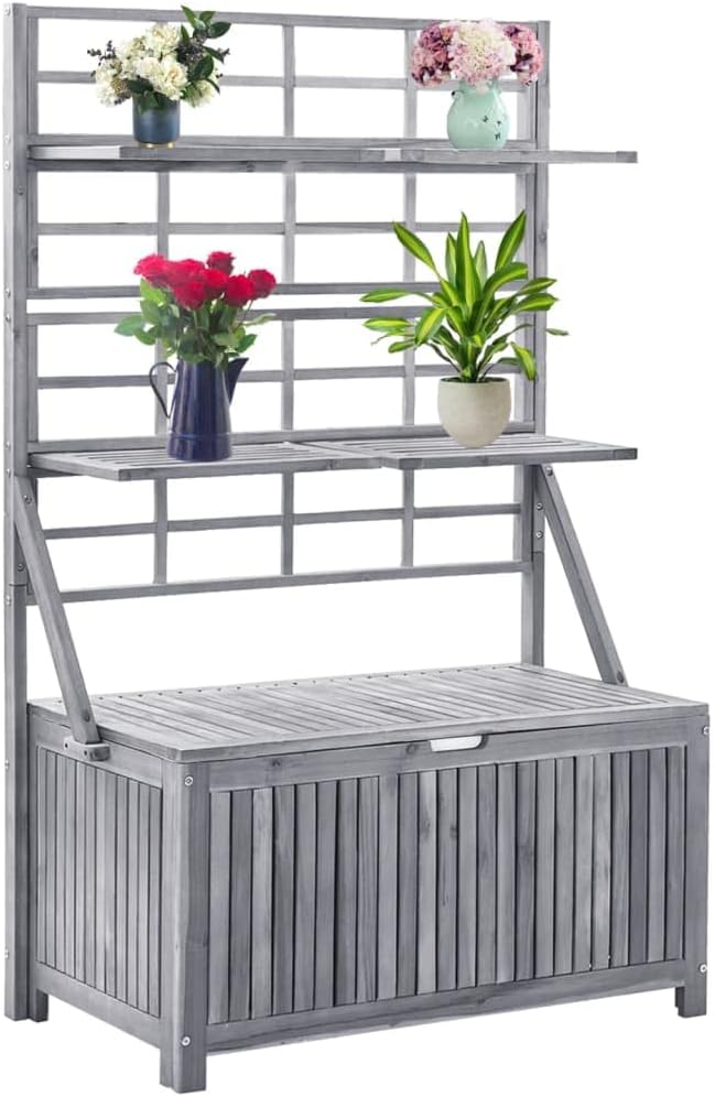Wooden Outdoor Storage Box with Trellis, Deck Box,Outdoor Storage Box with Trellis, Outdoor Storage Container, Gray 39