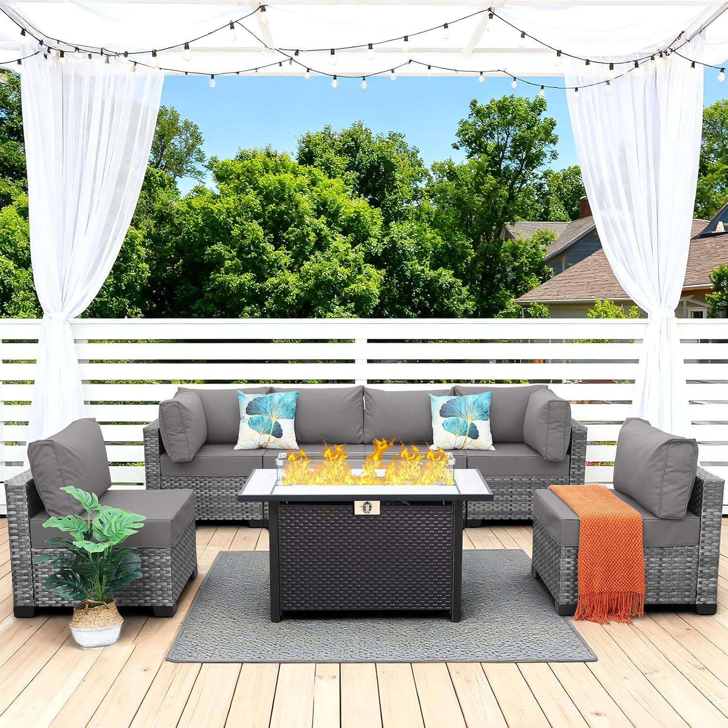 7 Pieces Wicker Patio Furniture Set, PE RattanOutdoor Sectional Conversation Sofa Set with Fire Pit Table, Non-Slip Cushions and Furniture Cover, Light Grey